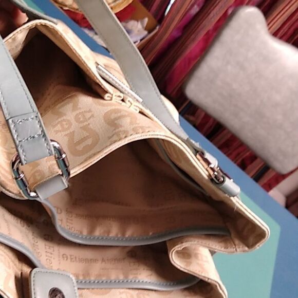 Etienne Aigner Cream Blue And Tan Shoulder Bag with Structured Design - Picture 9 of 11